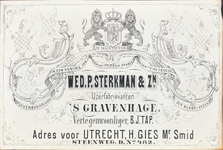 710664 Porselein-visitekaartje van H. Gies, Mr. Smid, Adres voor Utrecht voor Wed. P. Sterkman & Zn, IJzerfabriekanten ...